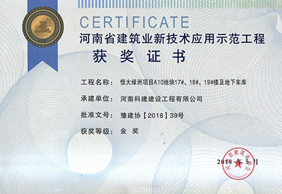 “恒大綠洲項目A10地塊17#、18#、19#樓及地下車庫工程”榮獲“河南省建筑業(yè)新技術(shù)應(yīng)用示范工程”金獎