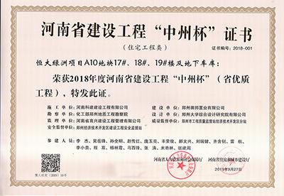 恒大綠洲項(xiàng)目A10地塊17#、18#、19#樓及地下車庫(kù)榮獲“2018年度河南省建設(shè)工程中州杯（省優(yōu)質(zhì)工程）”